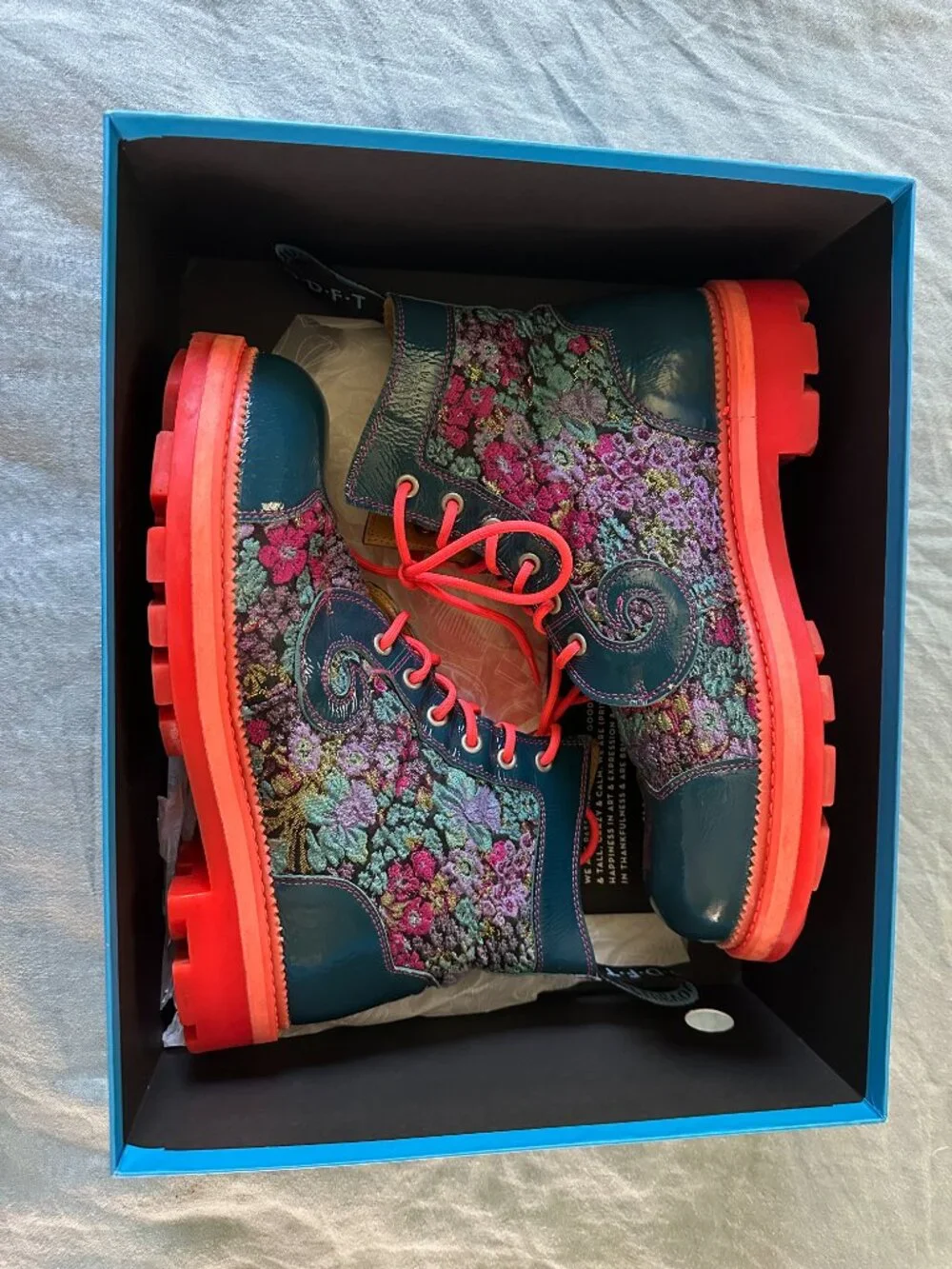 John Fluevog Derby Swirl Boots - Blue Floral Brocade